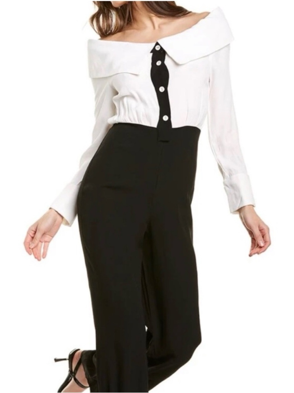 New STAUD Palladium Jumpsuit Off-Shoulder Two-Tone Jumpsuit - Black & White S/4